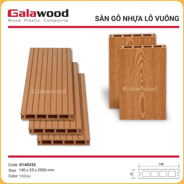 Sàn Gỗ Nhựa Ngoài Trời Galawood Lỗ Vuông G140V25